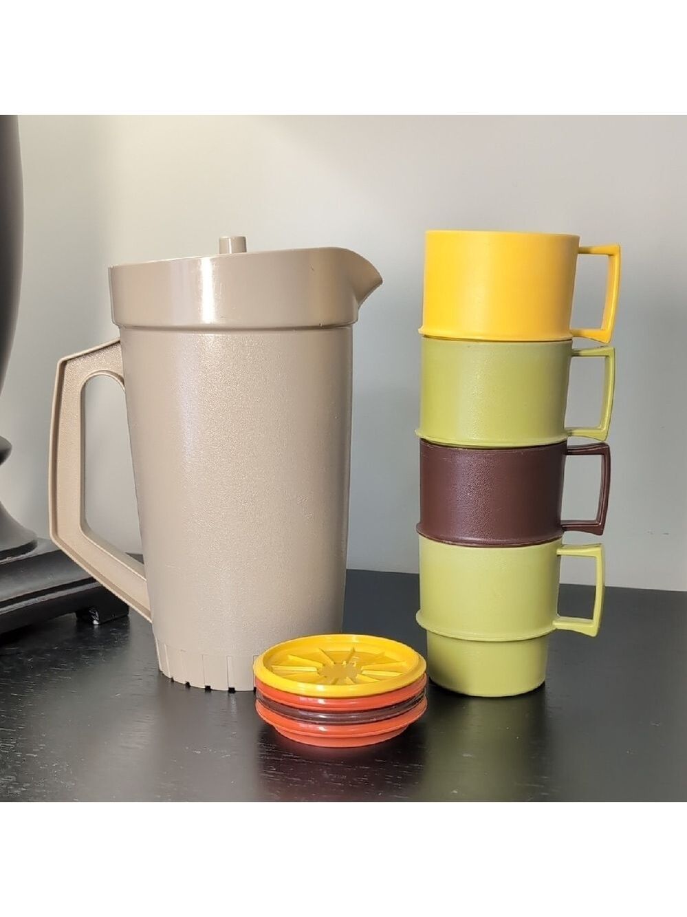 Vintage Tupperware Tan Juice Jug Pitcher with Mug Set And Coasters